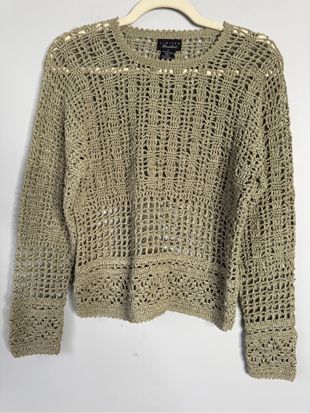 The Limited Olive Open-Knit Crochet Crewneck Sweater